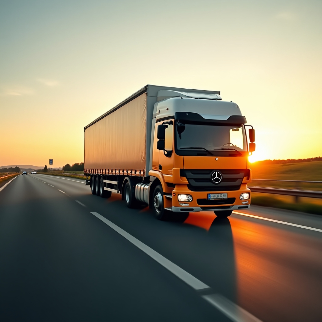 Curtain-side delivery truck driving along a highway toward a neighbouring EU country