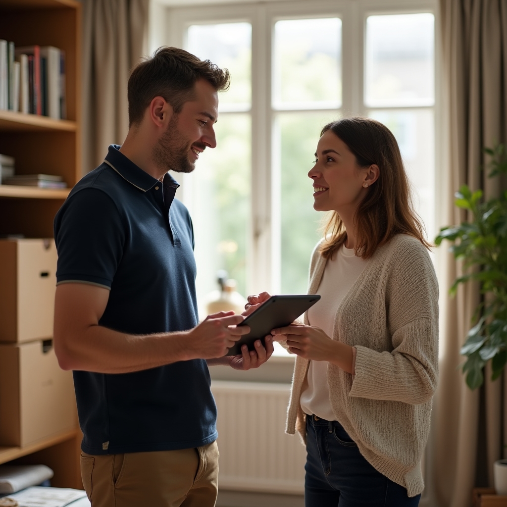 Surveyor and client discussing furniture and boxes in an apartment living room during a consultation