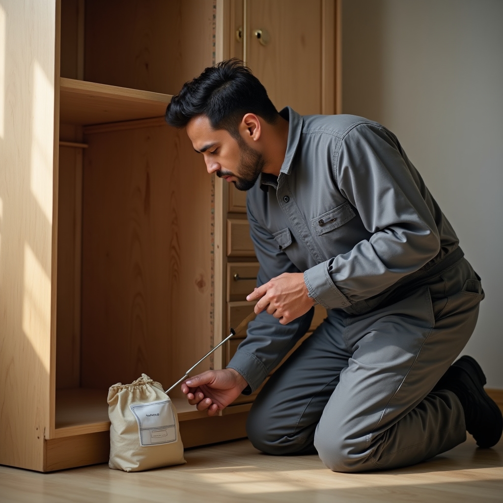 Technician using a screwdriver to disassemble a wardrobe frame before loading