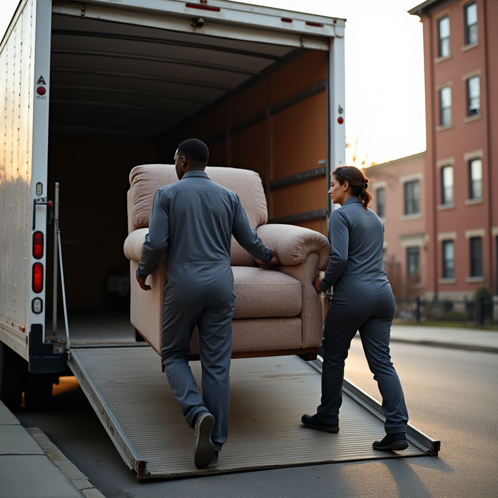 Moving crew carrying wrapped furniture into a loading truck outside an apartment building