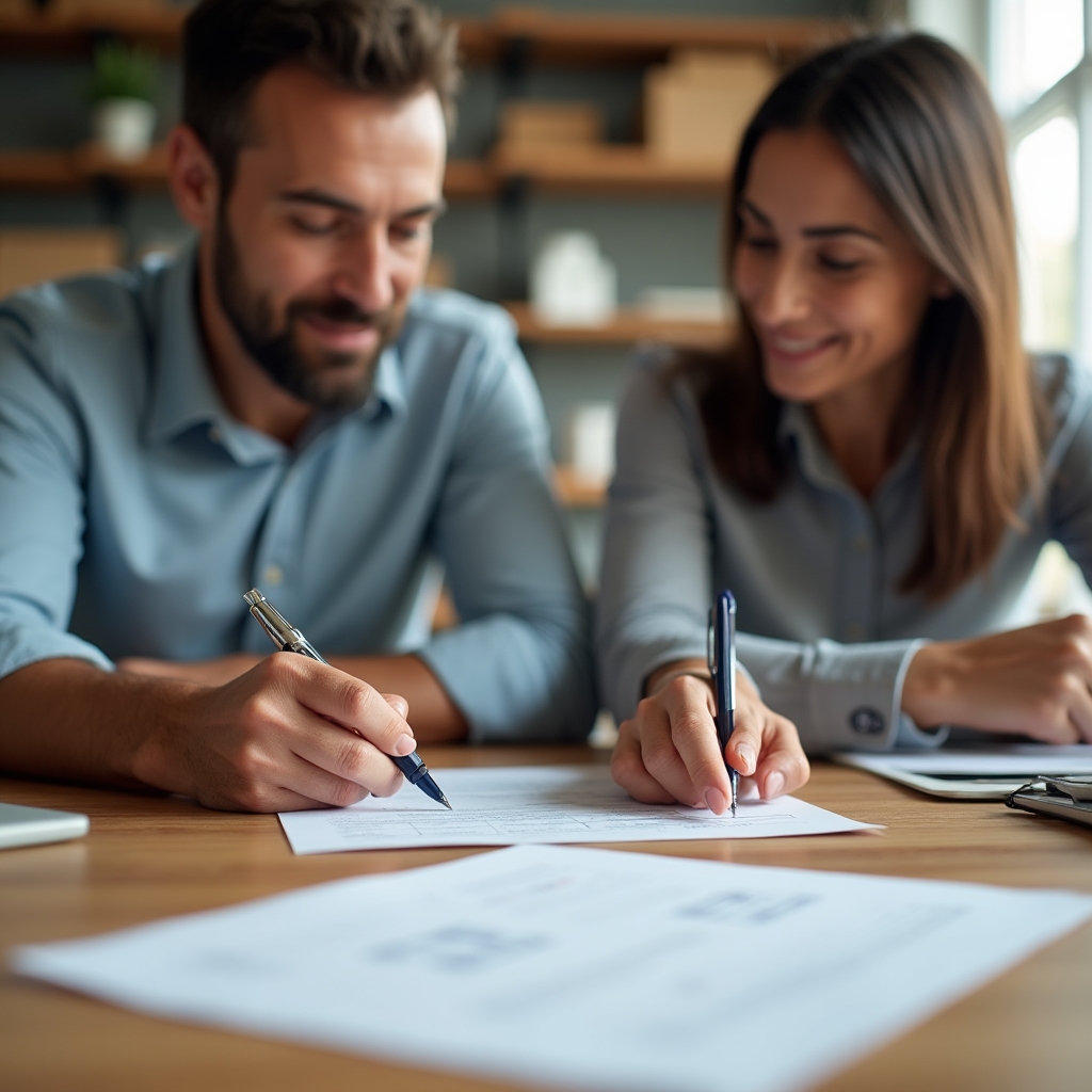 Two people reviewing and signing insurance and transport documentation at a desk