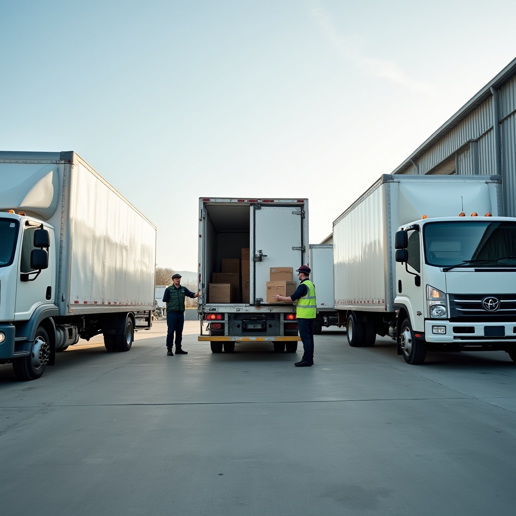 Fleet of moving vans and a curtain-side truck parked at a loading bay ready for departure