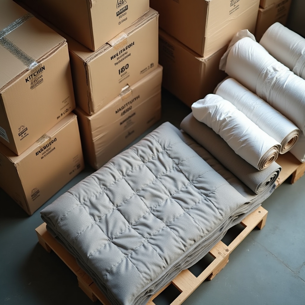 Stack of labelled moving boxes, stretch wrap rolls and furniture blankets arranged in a warehouse