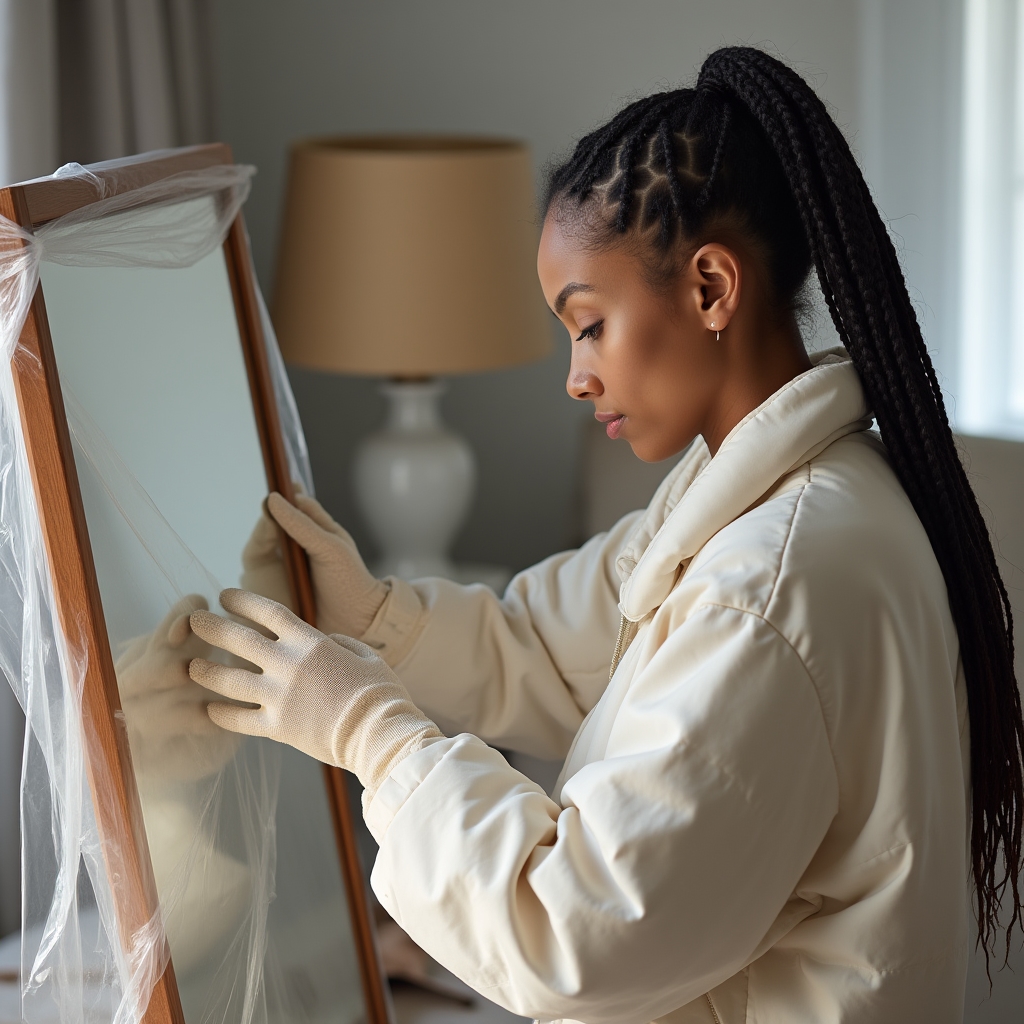 Technician wrapping a fragile lamp and mirror in protective blankets before transport