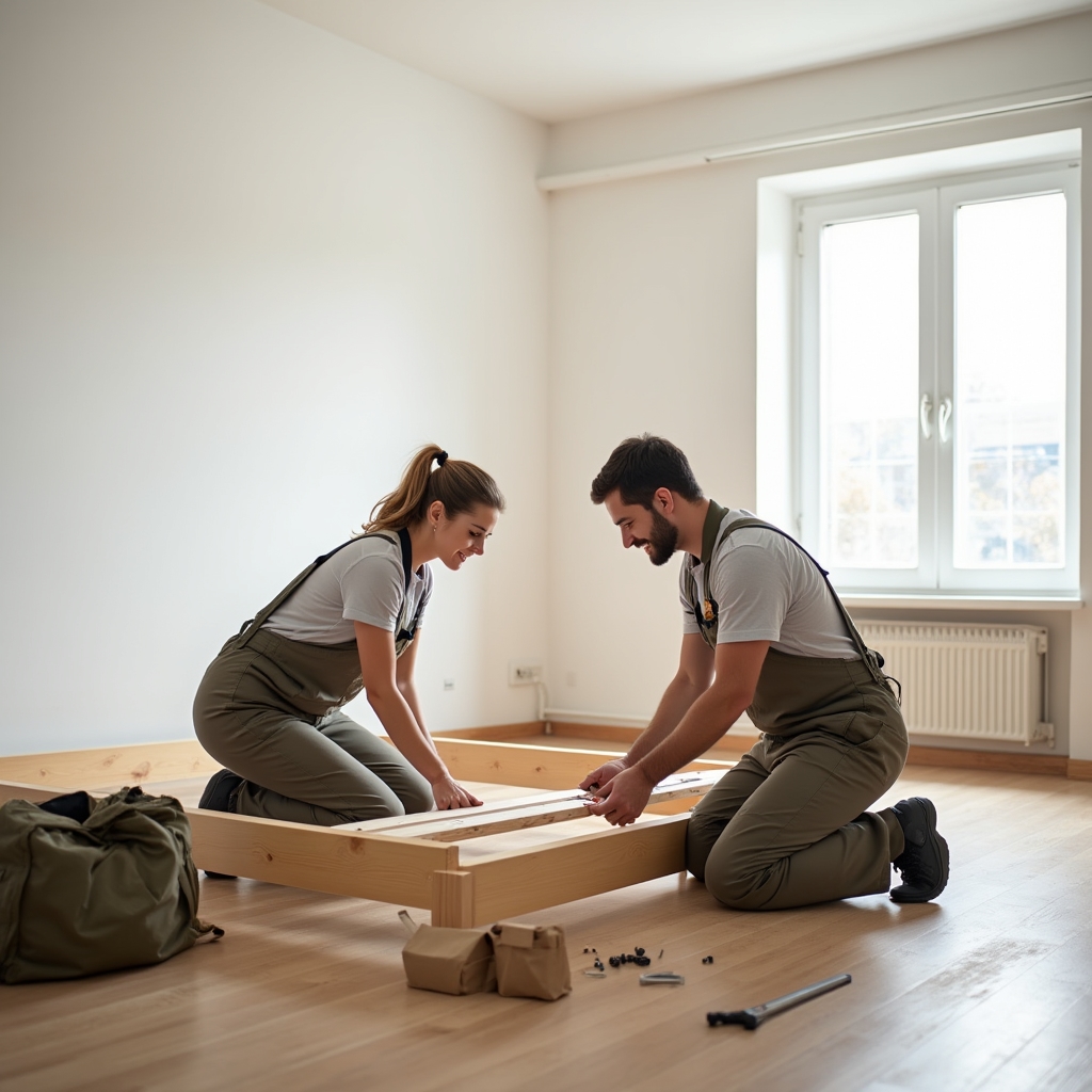 Two movers reassembling a bed frame in a bright, mostly empty new apartment room