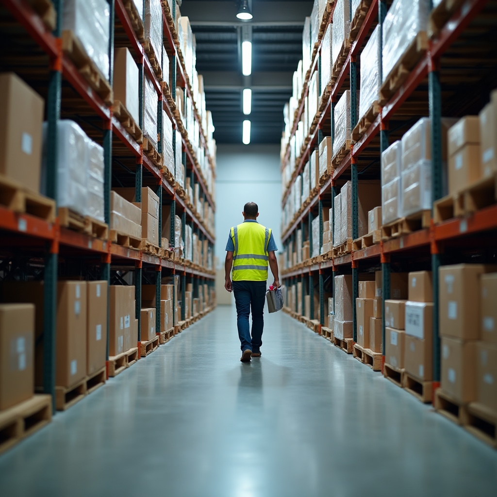 Interior of a secured storage warehouse with shelved bays and stacked labelled boxes
