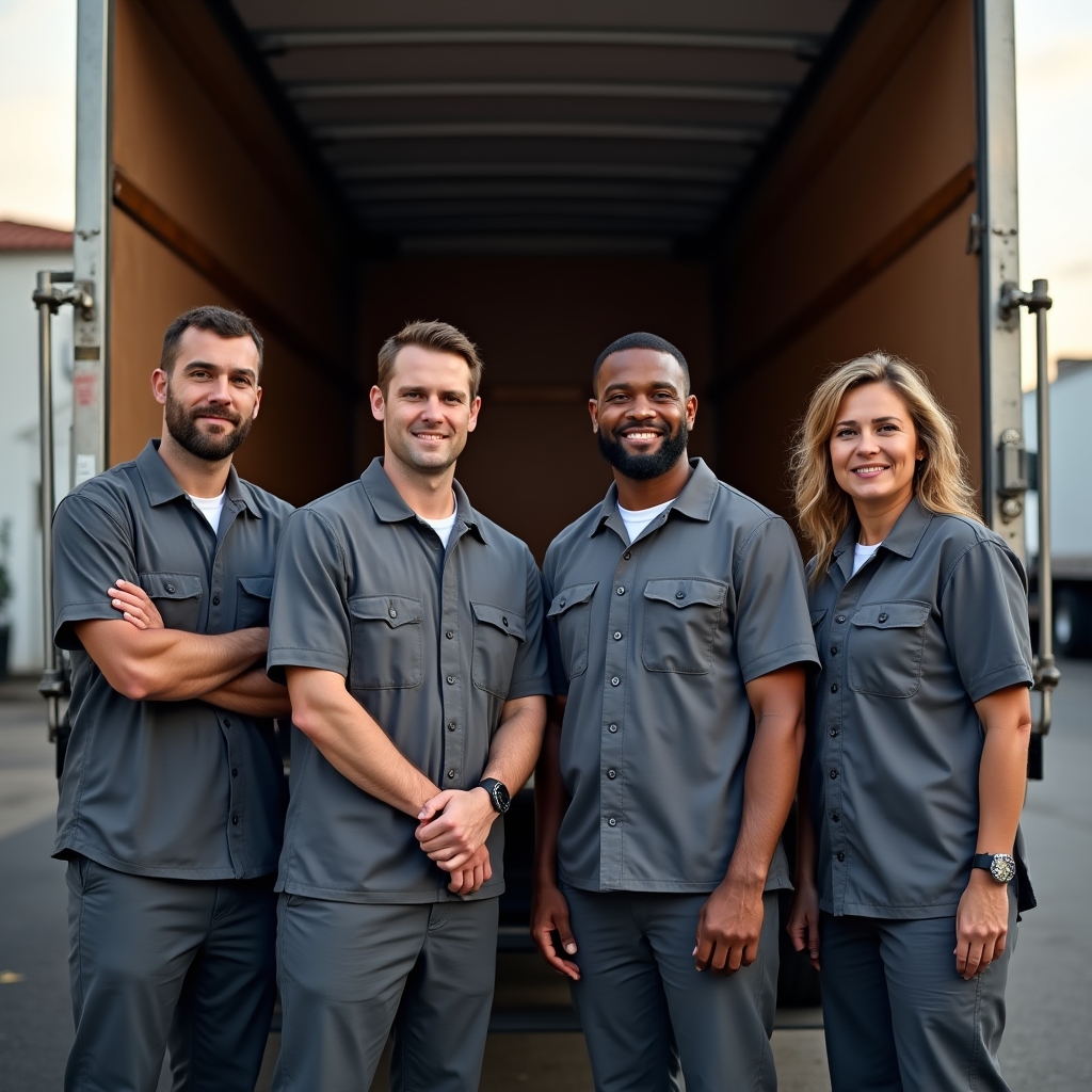 Moving crew members standing together beside a truck, dressed in work uniforms and ready for a job